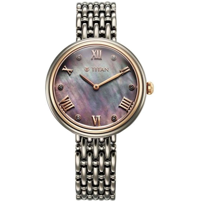 Titan Aura Quartz Analog Titanium Mother of Pearl Dial Titanium Stainless Steel Strap Watch for Women nt95243km01